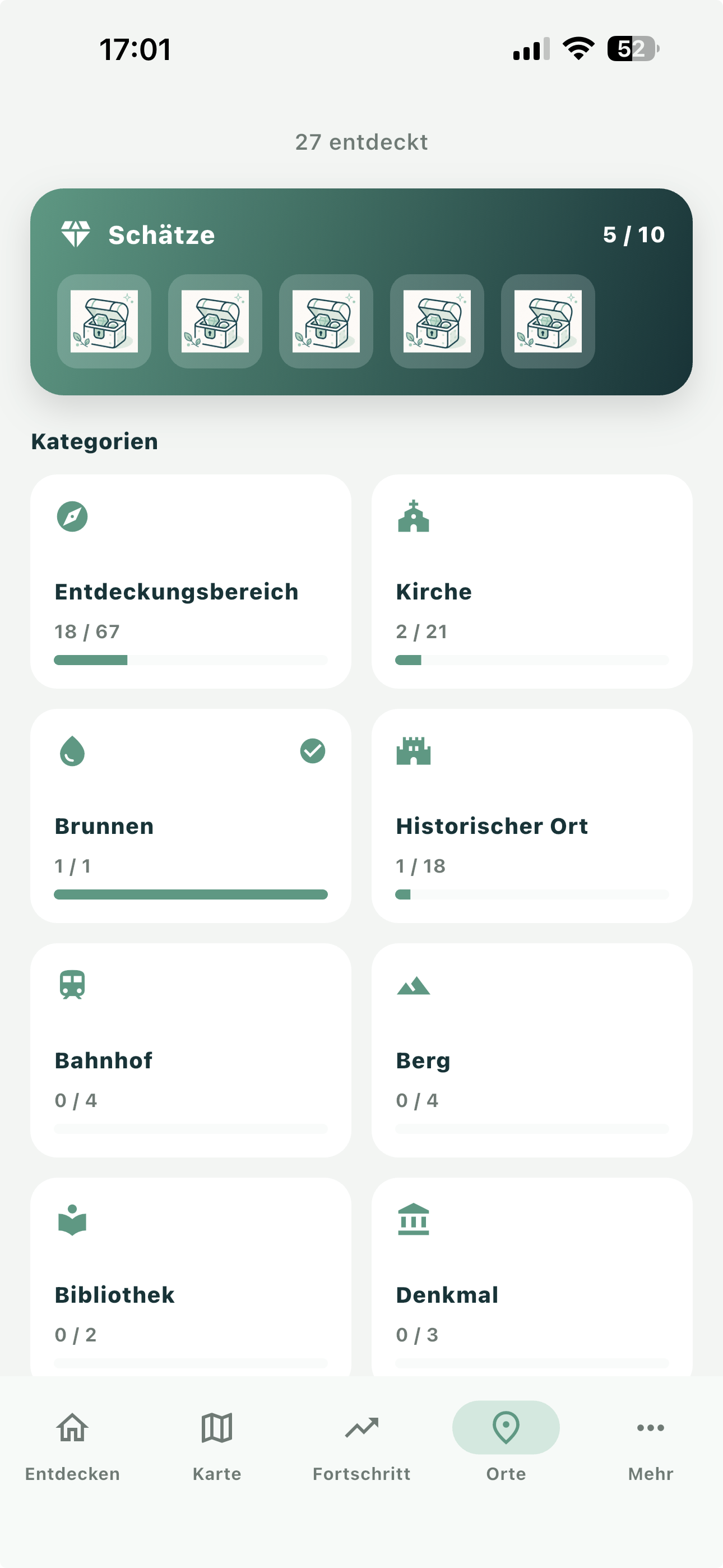 Freyva Sammlung: 27 entdeckte Orte, Schätze 5 von 10 und Kategorien wie Kirche, Brunnen, Berg und Denkmal mit ihrem Sammelfortschritt